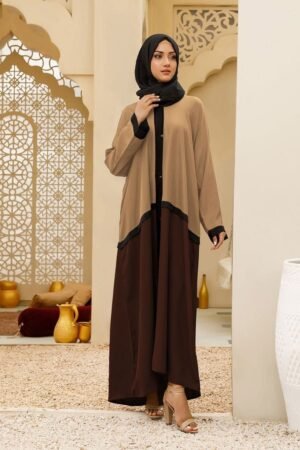 Bicolor Front Open Abaya - Beige and Brown