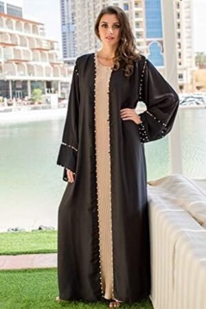 Peach Inner Front Open Black Arabic Abaya